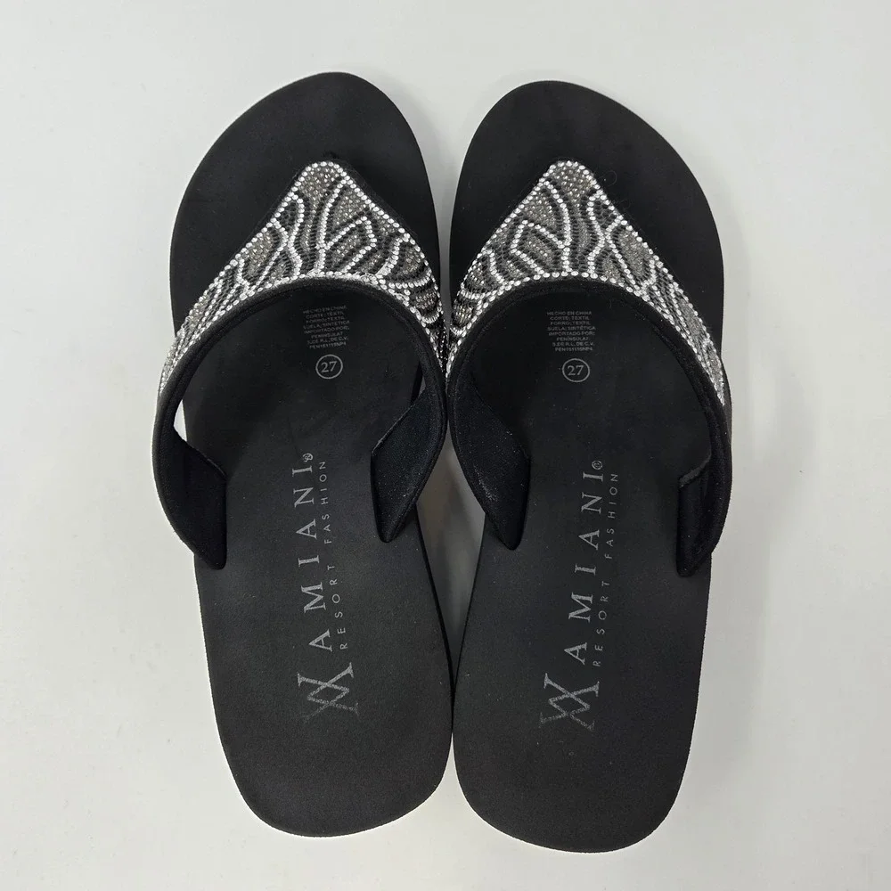 Amiani Sandal Womens 10.5 Black Vinyasa Sparkle Stones Thong Slip On Casual Zebr